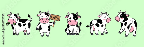 Set of cute cartoon dairy cows in different poses grazing sitting and holding a fresh sign for milk production and farm livestock animal concept