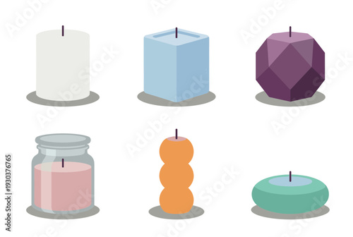 Collection of decorative scented candles in various modern geometric shapes and jars for home interior design relaxation and aromatherapy atmosphere