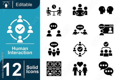 Human Interaction Icons Set Business, Communication, Social Connections, Teamwork, Family, Emotions, and Networking Concept Illustrations