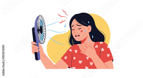 Young woman sweating and feeling exhausted from extreme heat while trying to cool down with a portable electric fan on a hot summer day.