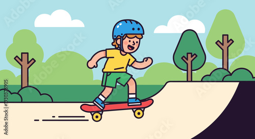 Vector illustration of a boy skateboarding in a park isolated on White Background