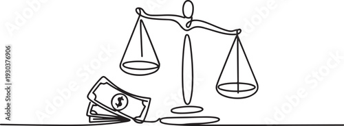 Continuous one line drawing of justice scale and cash or money. law, justice, corruption concept.one line vector icon with out background