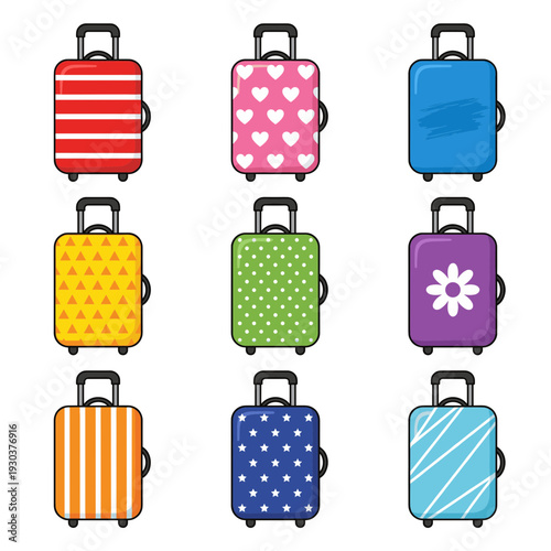 Colorful Travel Suitcase Collection with Different Patterns Including Stripes Hearts Polka Dots Stars and Flowers for Vacation and Luggage Identity Concepts