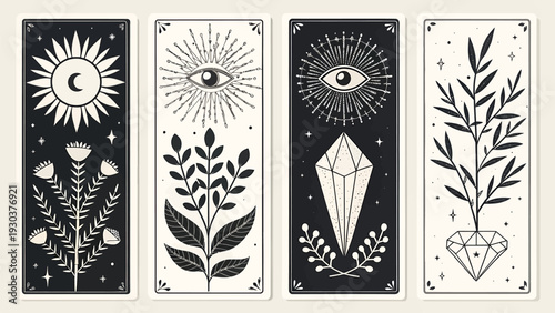 Four mystical tarot cards with celestial and botanical illustrations on beige background