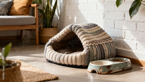 Cozy knitted pet bed with food bowl