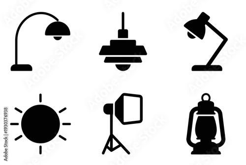 Light Source Silhouette Icon Set Including Desk Lamp Pendant Light Flashlight Sun Photography Studio Light and Lantern for Illumination and Vision Concepts