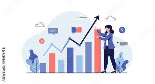 Businesswoman pointing at a high growth chart with bar graphs and a rising arrow showing financial success and profit increases for a company.
