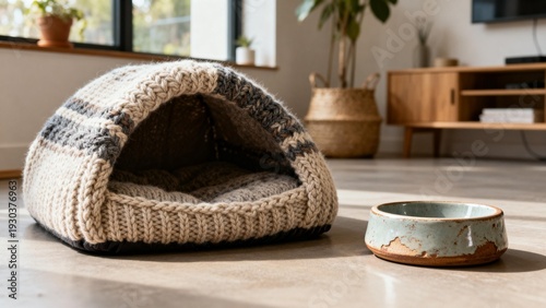 Knitted pet bed and ceramic bowl