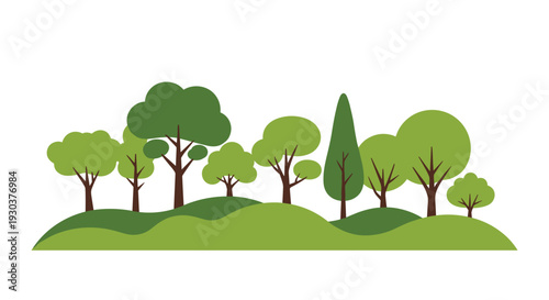 Row of various types of green trees on rolling grassy hills against a plain white background representing a natural landscape or forest scene.