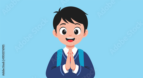 Happy schoolboy with a blue backpack wearing a uniform and performing a traditional respectful greeting gesture against a blue background.