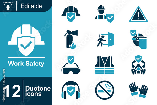 Work safety icons set - Personal protection equipment, emergency services, and health and safety regulations for industry and workplace
