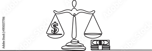 Continuous one line drawing of justice scale and cash or money. law, justice, corruption concept.one line vector icon with out background
