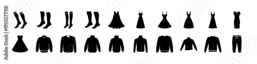 Black Boots and Dress Silhouette Icon Set -
Collection of black boots, dresses, jackets, and pants silhouettes isolated on white background, ideal for fashion catalogs, apparel branding, and clothing 