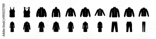 Black Outfit and Clothing Silhouette Icon Set -
Collection of black outfit silhouettes including dresses, jackets, shirts, and pants isolated on white background, ideal for fashion catalogs and appare