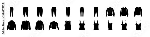 Black Pants and Skirt Silhouette Icon Set -
Collection of black pants, skirts, and shorts silhouettes isolated on white background, ideal for fashion catalogs, apparel branding, and clothing design gr