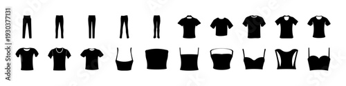 Black T-Shirt and Underwear Silhouette Icon Set -
Collection of black t-shirt, shorts, and underwear silhouettes isolated on white background, ideal for fashion catalogs, apparel branding, and clothin
