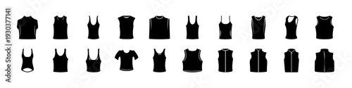 Black T-Shirt and Top Silhouette Icon Set -
Collection of black t-shirt and sleeveless top silhouettes isolated on white background, ideal for fashion catalogs, apparel branding, and clothing design p