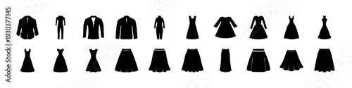 Black Dress and Outfit Silhouette Icon Set - 
Collection of black dress and outfit silhouettes isolated on white background, ideal for fashion catalogs, clothing design projects, and apparel branding 