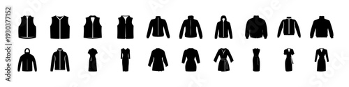Black Jacket and Coat Silhouette Icon Set -
Collection of black jacket and coat silhouettes isolated on white background, ideal for fashion design, clothing catalogs, and apparel branding graphics.