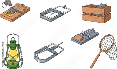 Mouse traps and pest catching tools set with bait traps, cage, lantern and net, rodent control equipment illustration for extermination and pest management design