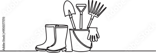 Continuous one line drawing of Rubber boots and Gardener equipment in bucket. Shovel, rake, glove in bucket single outline vector illustration.one line vector icon with out background