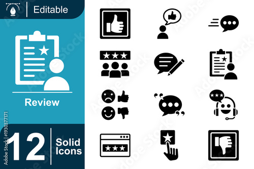 Collection of 12 Solid Icons for Review and Feedback, Illustrating Customer Satisfaction, Opinions, and Ratings with Thumb Up/Down, Stars, and Speech Bubbles