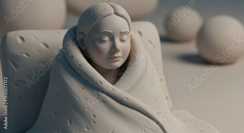 Sculpted figure of a serene young woman wrapped tightly in a textured clay blanket against a muted background.