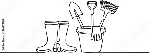 Continuous one line drawing of Rubber boots and Gardener equipment in bucket. Shovel, rake, glove in bucket single outline vector illustration.one line vector icon with out background