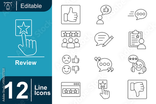 Line icons for customer review, feedback, satisfaction, and rating systems, featuring thumbs up/down, stars, and speech bubbles for user experience