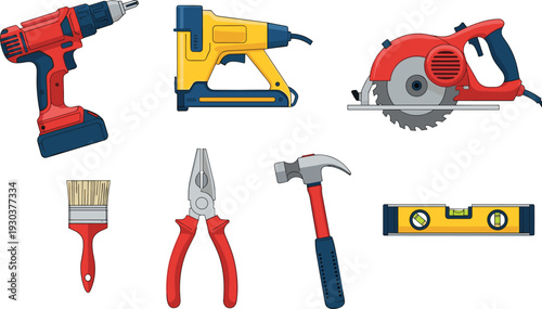 Power tools and hand tools set including drill, saw, hammer, pliers and level, construction equipment vector illustration isolated on white
