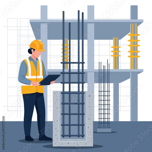 Dedicated construction engineer inspecting reinforced concrete column with rebar on a modern building site, ensuring structural integrity and safety standards