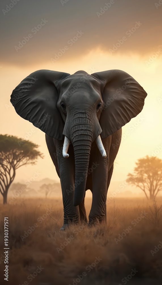 Fototapeta premium Large elephant walks across dry grass field at sunset. Gentle giant with big ears and tusks moves through savanna landscape. African wildlife in natural habitat during golden hour.