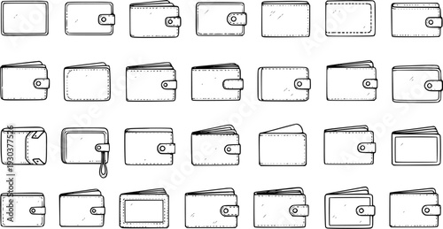 Hand-drawn Outline Wallet Icons Set. Collection of Various Money Purses and Billfolds in Doodle Style, Showing Different Shapes and Closure Types, Isolated on White.