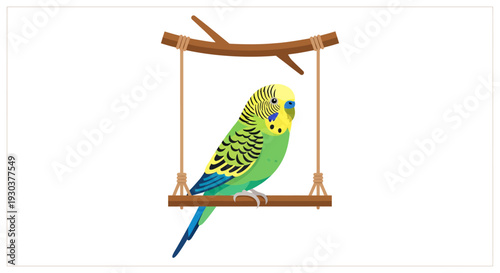 Green and Yellow Budgerigar on a Wooden Swing