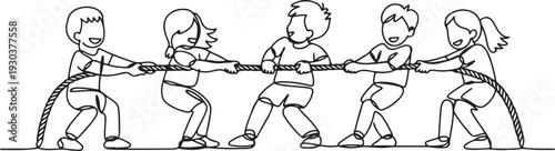 line art of children playing tug of war.group of children playing tug of war one line vector.one line vector icon with out background