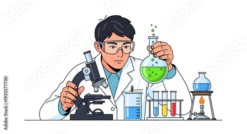 Focused male scientist illustration conducting experiment with lab equipment