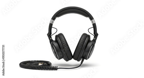 Professional black studio headphones with coiled cable isolated on white background for audio recording and music production