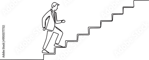Man climbs the stairs in one continuous line drawing. Concept symbol of career success and achieving goals in simple linear style.one line vector icon with out background