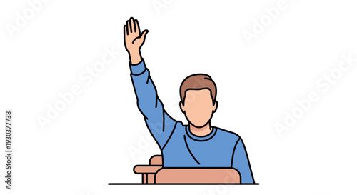 Faceless male student in a blue sweater raising his hand at a school desk.