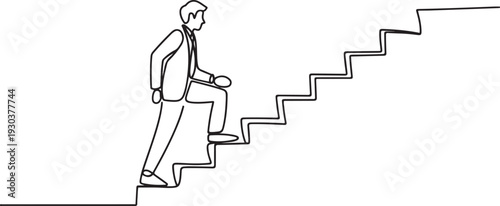 Man climbs the stairs in one continuous line drawing. Concept symbol of career success and achieving goals in simple linear style.one line vector icon with out background