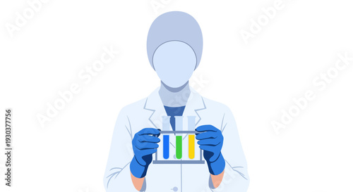 Faceless scientist in a white lab coat and blue gloves holding a rack of colorful test tubes.