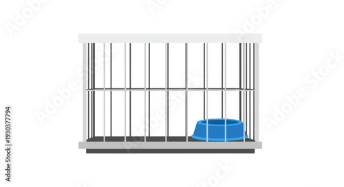 Empty White Pet Cage with Blue Food Water Bowl