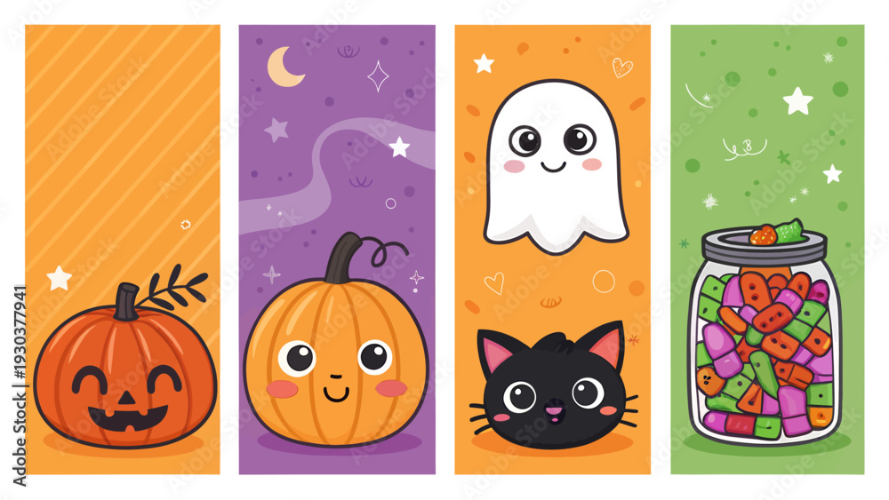 Fototapeta premium Halloween themed vector illustrations of pumpkins ghost cat and candy in colorful backgrounds