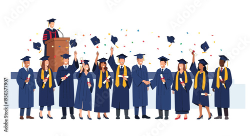 Diverse Graduates Celebrating with Caps and Diplomas at Graduation Ceremony