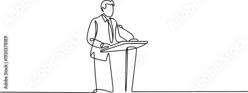 Speaker man speech behind tribune on conference, continuous one line drawing. Orator on podium by leader, businessman, teacher talking.one line vector icon with out background
