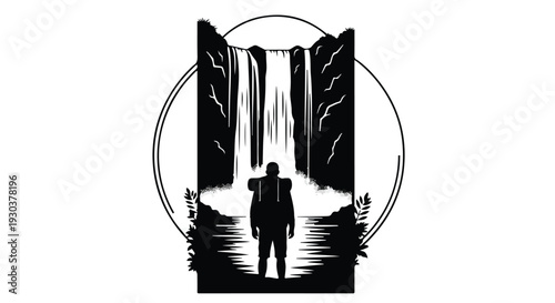 Adventurer standing before a majestic waterfall surrounded by nature.