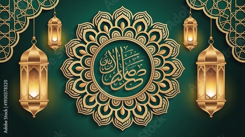 Elegant Eid Mubarak Greeting with Golden Calligraphy and Ornate Islamic Decor