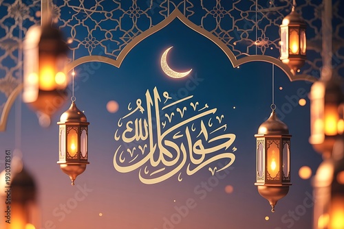 Eid Mubarak Celebration with Golden Lanterns and Crescent Moon