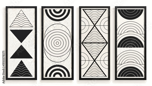 Set of four black and white abstract geometric art panels with triangles and circles on white background