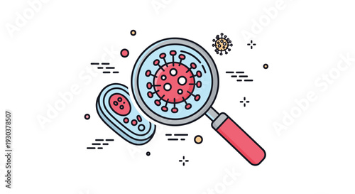 Magnifying glass focuses on a red virus particle surrounded by other microbes, representing medical research and lab diagnosis.